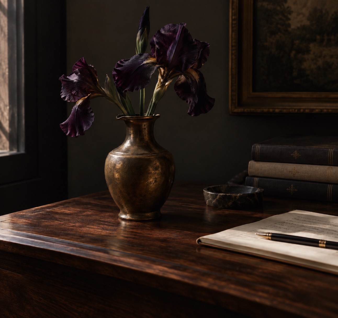 Burgundy irises arranged in an antique brass vase on a walnut desk